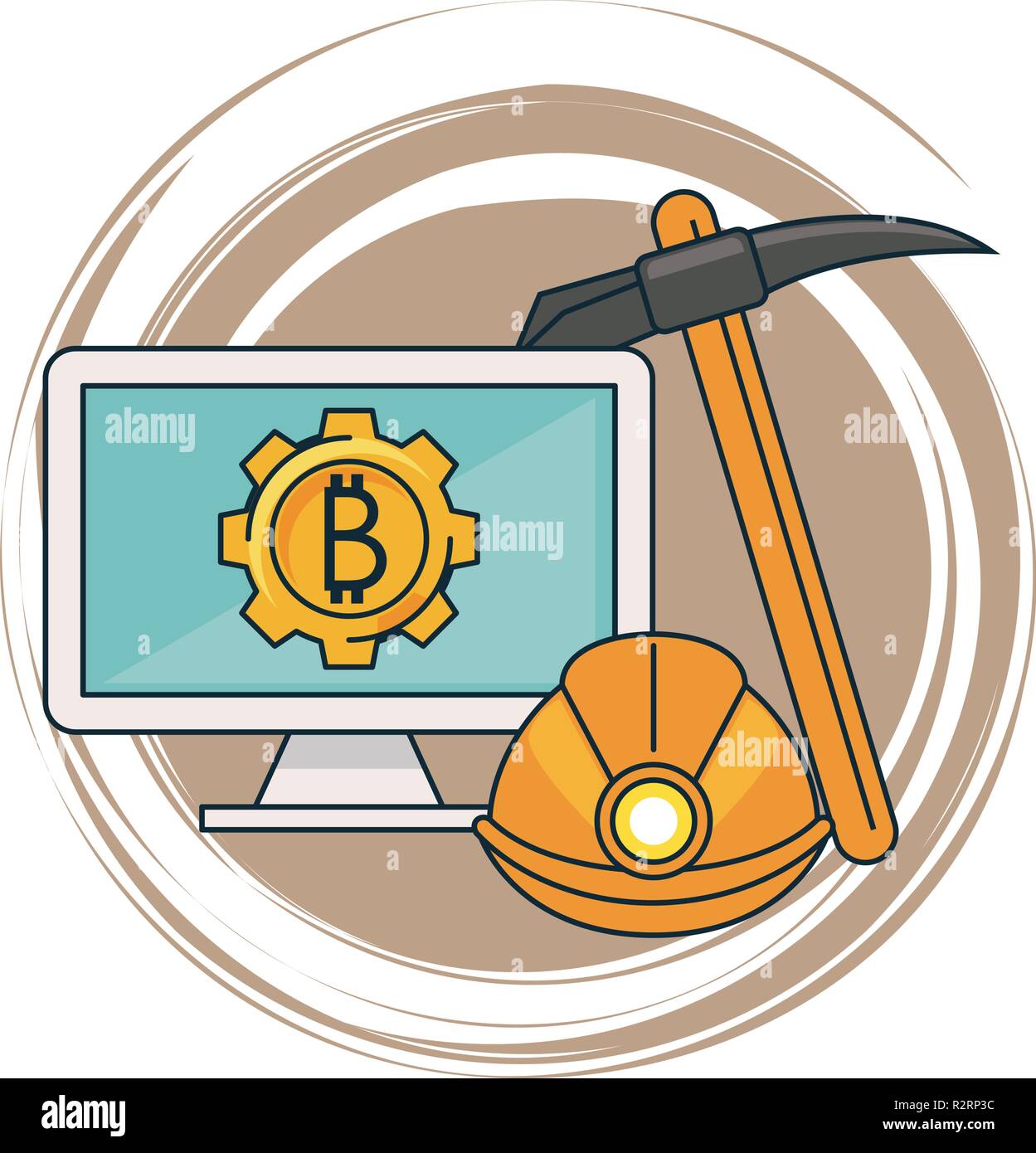 Bitcoin Mining From Computer With Tools Over Round Icon Vector - 